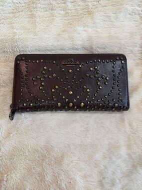 Coach Brown Leather Zip Wallet with Brass Stud Accents